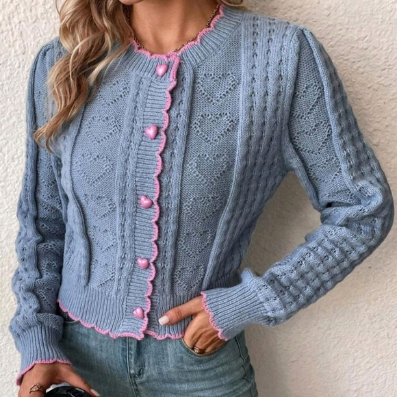 Contrast Binding Button Front Cardigan,Long Sleeve Tops - Picture 3 of 5